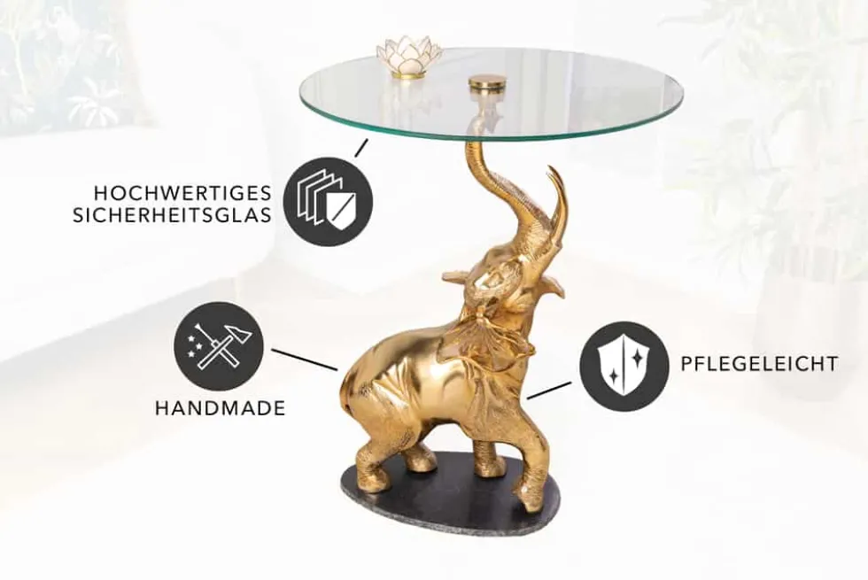 Runder Beistelltisch ELEPHANT 80cm gold Metall Glas Marmor Skulptur handmade