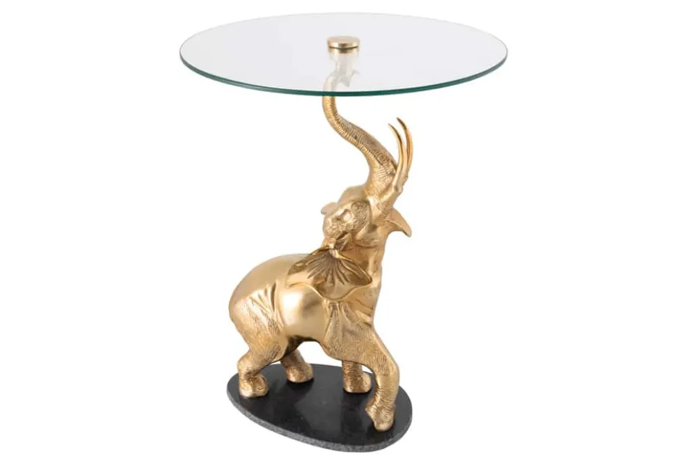 Runder Beistelltisch ELEPHANT 80cm gold Metall Glas Marmor Skulptur handmade