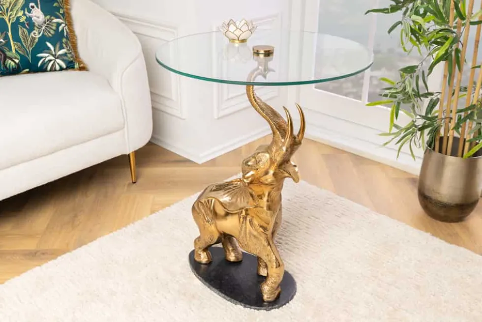 Runder Beistelltisch ELEPHANT 80cm gold Metall Glas Marmor Skulptur handmade