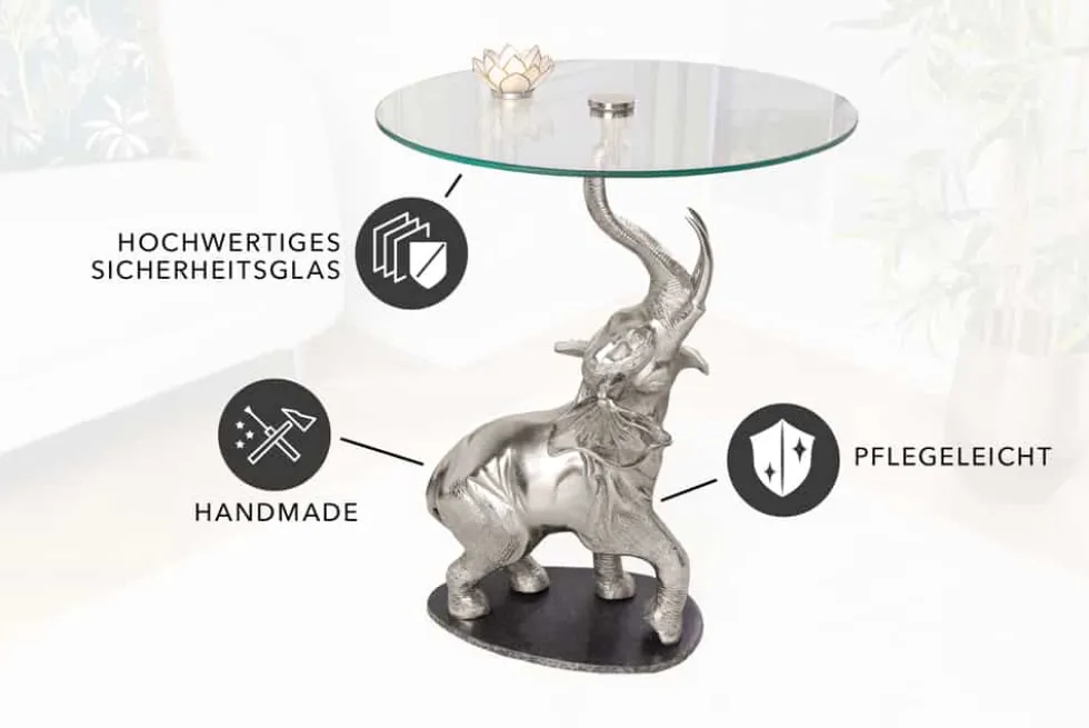 Runder Beistelltisch ELEPHANT 80cm silber Metall Glas Marmor Skulptur handmade