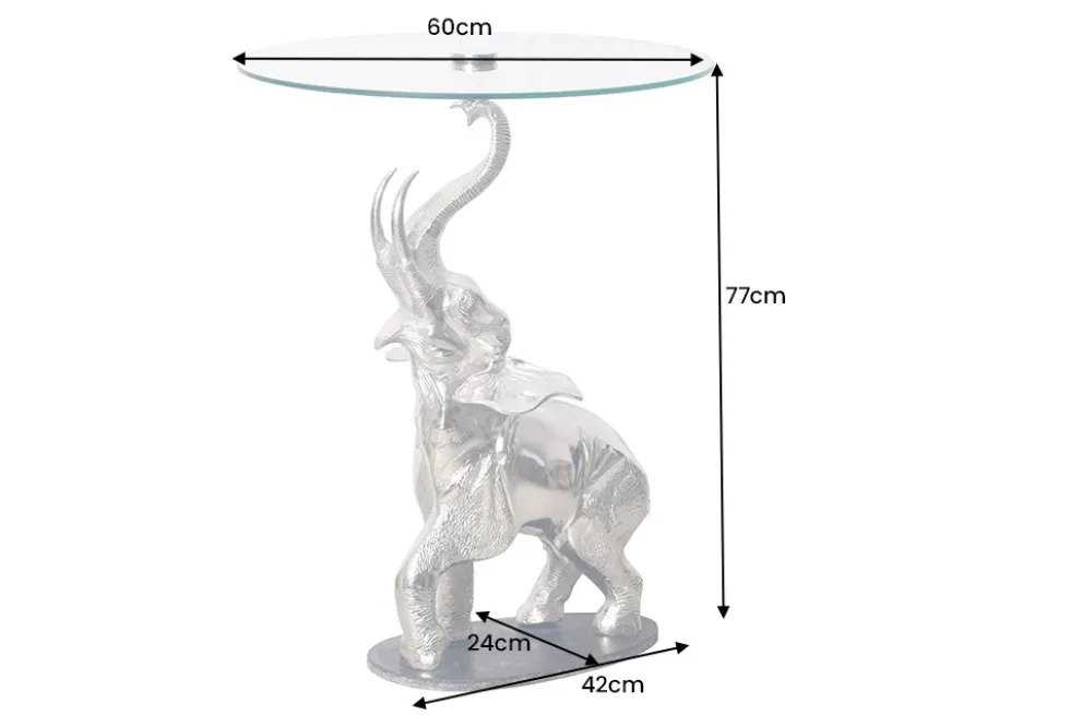 Runder Beistelltisch ELEPHANT 80cm silber Metall Glas Marmor Skulptur handmade