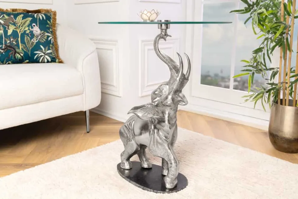 Runder Beistelltisch ELEPHANT 80cm silber Metall Glas Marmor Skulptur handmade