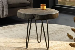 Runder Beistelltisch GOA 45cm grau Akazie Massivholz Baumscheibe Hairpin Legs Metall