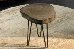 Runder Beistelltisch GOA 45cm grau Akazie Massivholz Baumscheibe Hairpin Legs Metall