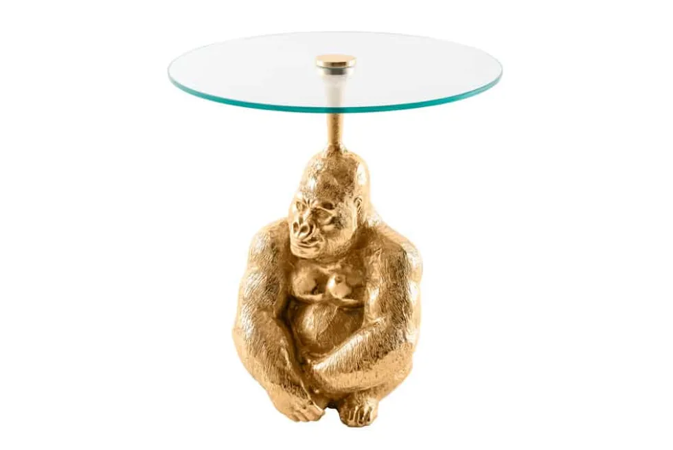 Runder Beistelltisch KONG 50cm gold Metall Glas Affenfigur Gorilla Skulptur