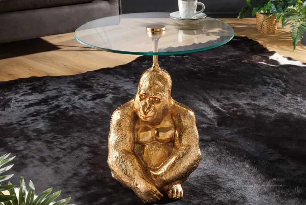 Runder Beistelltisch KONG 50cm gold Metall Glas Affenfigur Gorilla Skulptur