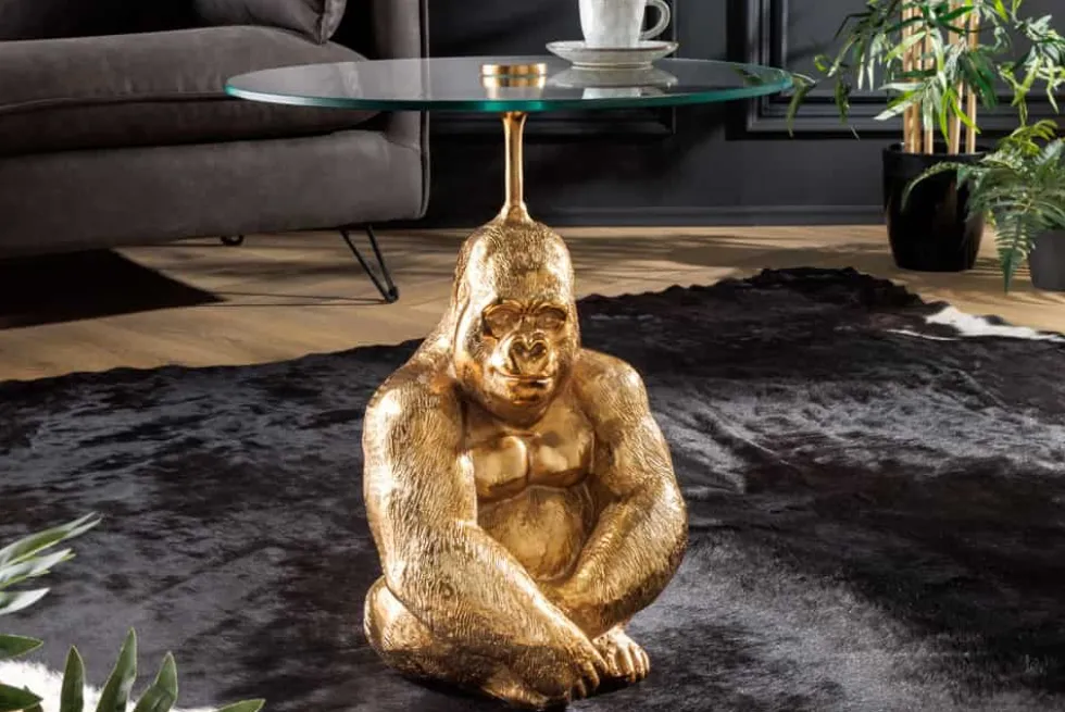Runder Beistelltisch KONG 50cm gold Metall Glas Affenfigur Gorilla Skulptur