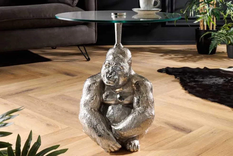 Runder Beistelltisch KONG 50cm silber Metall Glas Affenfigur Gorilla Skulptur