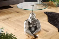 Runder Beistelltisch KONG 50cm silber Metall Glas Affenfigur Gorilla Skulptur