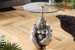 Runder Beistelltisch KONG 50cm silber Metall Glas Affenfigur Gorilla Skulptur