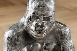 Runder Beistelltisch KONG 50cm silber Metall Glas Affenfigur Gorilla Skulptur