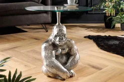 Runder Beistelltisch KONG 50cm silber Metall Glas Affenfigur Gorilla Skulptur
