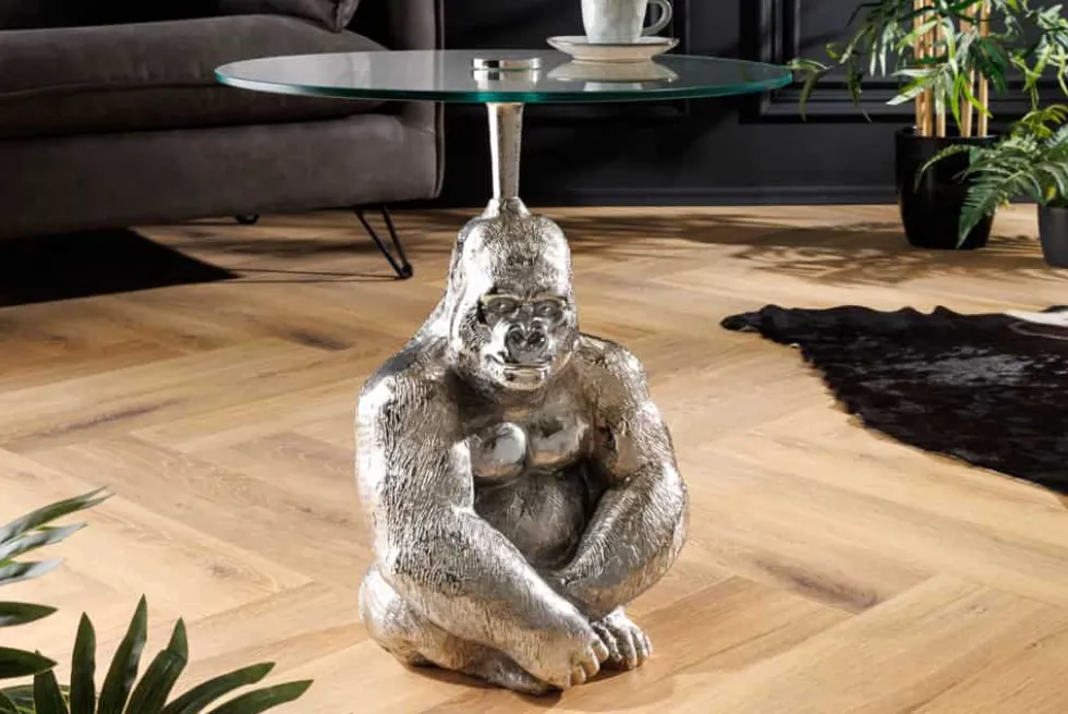 Runder Beistelltisch KONG 50cm silber Metall Glas Affenfigur Gorilla Skulptur