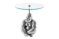 Runder Beistelltisch KONG 50cm silber Metall Glas Affenfigur Gorilla Skulptur