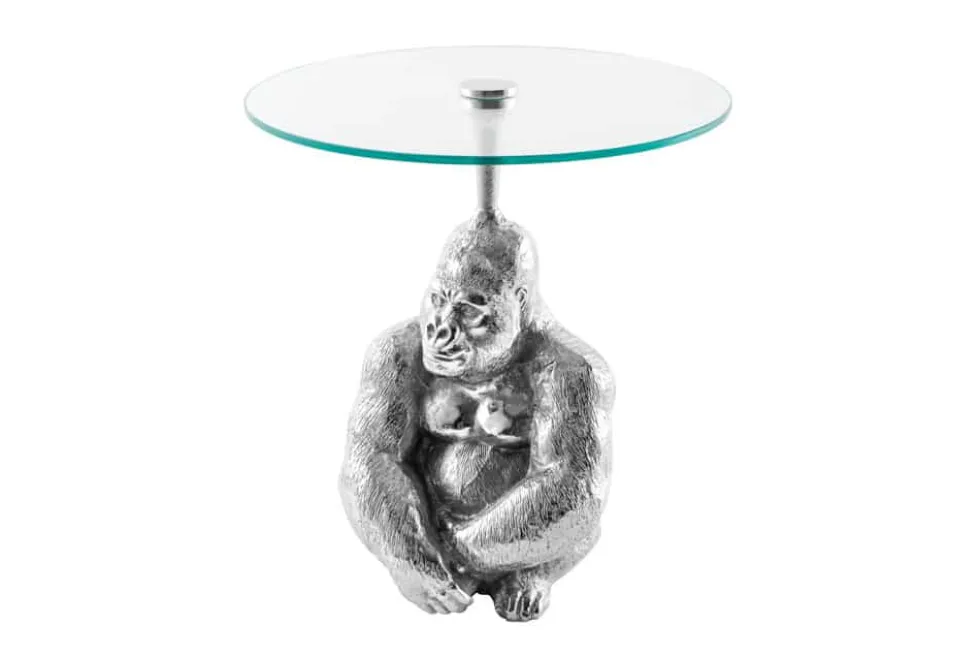 Runder Beistelltisch KONG 50cm silber Metall Glas Affenfigur Gorilla Skulptur