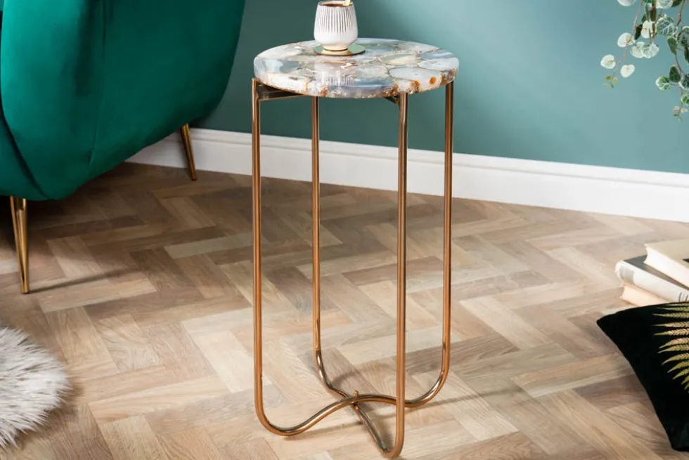 Runder Beistelltisch NOBLE I 35cm Edelstein Achat klappbar goldenes Metallgestell
