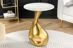 Runder Beistelltisch TEAR 60cm gold weiß mit Marmor-Tischplatte handmade