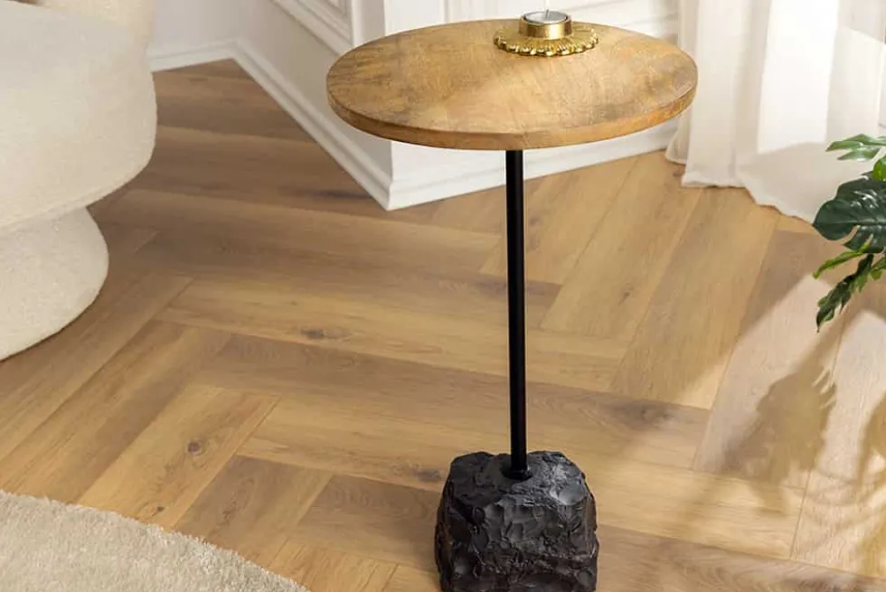 Runder Beistelltisch TRAYFUL 55cm natur Mangoholz Massivholz Marmorfuß Metall schwarz