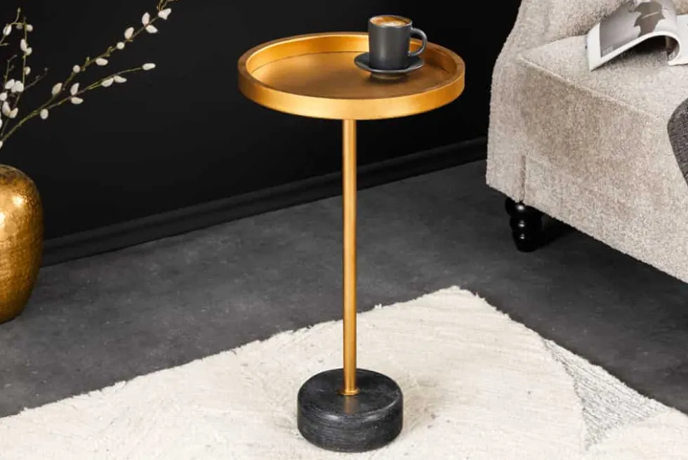 Runder Beistelltisch TRAYFUL 60cm gold Eisen schwarzer Marmorfuß handmade