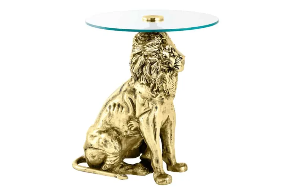 Runder Beistelltisch WILDLIFE LION 60cm gold antik Metall Glas Löwen Skulptur