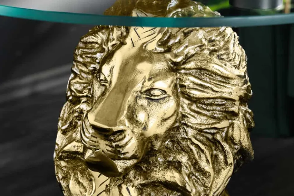 Runder Beistelltisch WILDLIFE LION 60cm gold antik Metall Glas Löwen Skulptur