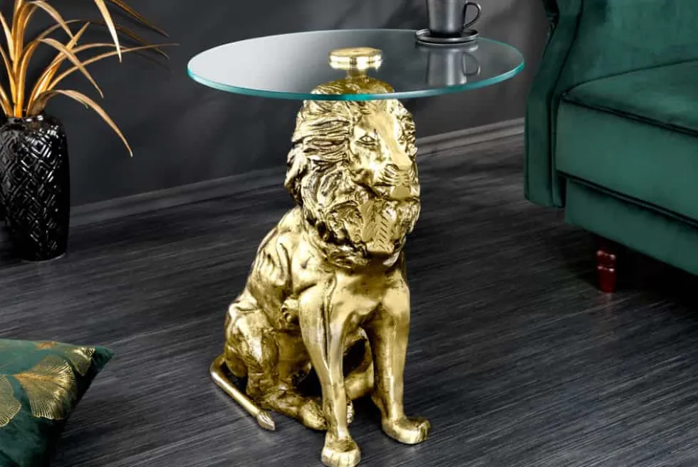 Runder Beistelltisch WILDLIFE LION 60cm gold antik Metall Glas Löwen Skulptur