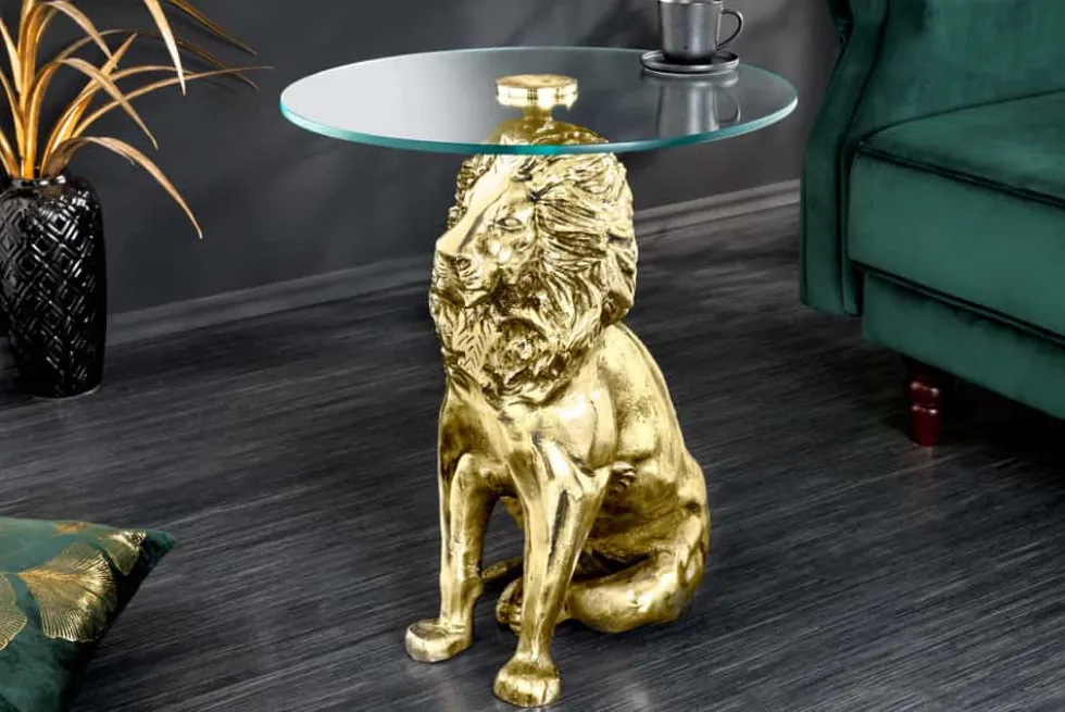 Runder Beistelltisch WILDLIFE LION 60cm gold antik Metall Glas Löwen Skulptur
