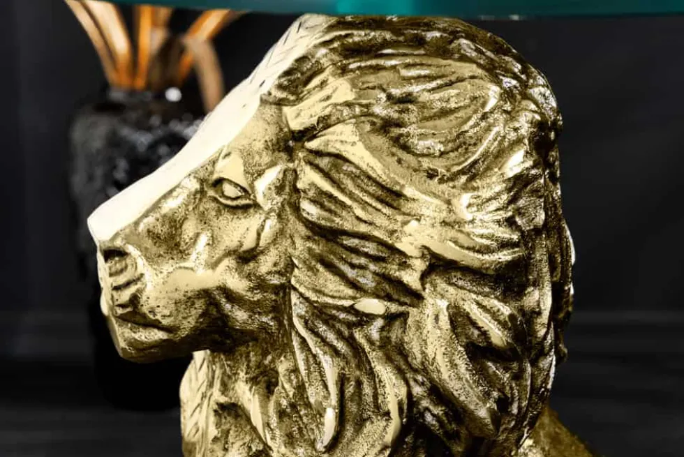 Runder Beistelltisch WILDLIFE LION 60cm gold antik Metall Glas Löwen Skulptur