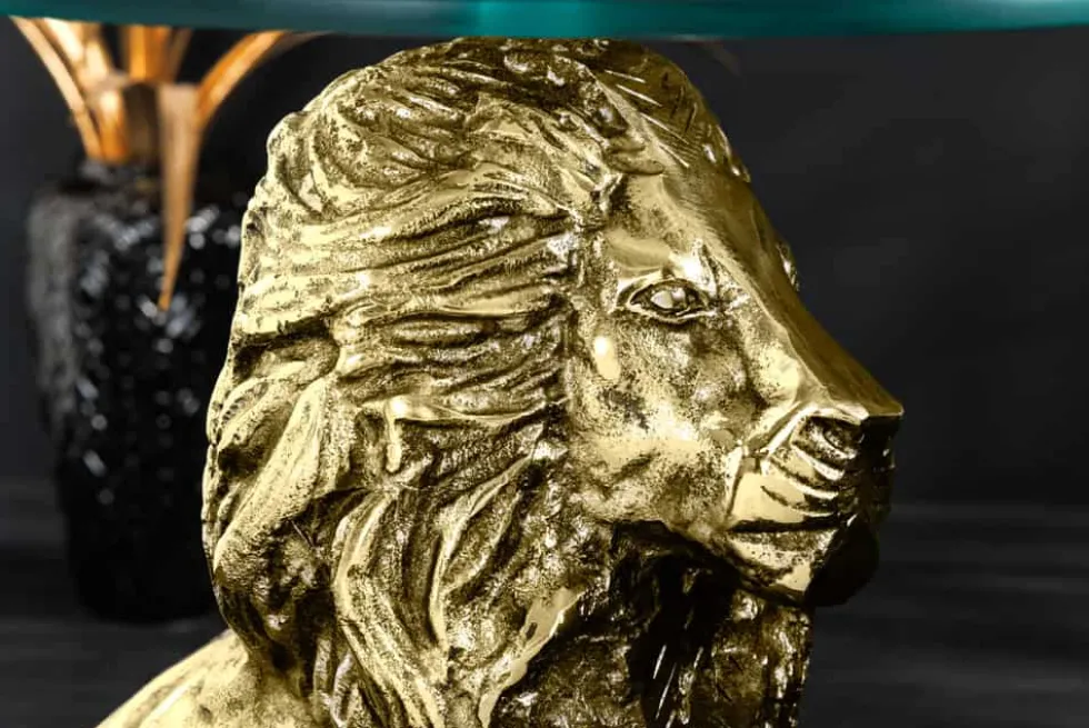 Runder Beistelltisch WILDLIFE LION 60cm gold antik Metall Glas Löwen Skulptur