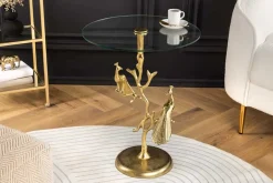 Runder Beistelltisch WILDLIFE PEACOCK 60cm gold Glasplatte Metall Pfauen-Skulptur