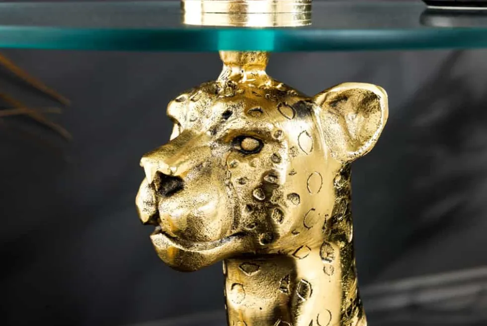 Runder Beistelltisch WILDLIFE PANTHER 60cm gold antik Metall Glas Skulptur handmade