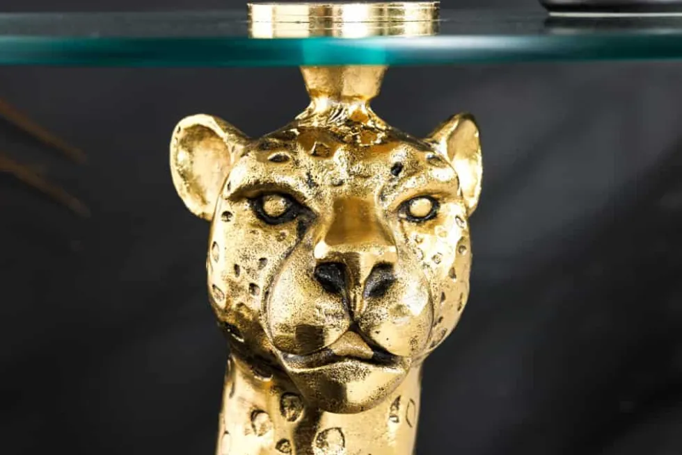 Runder Beistelltisch WILDLIFE PANTHER 60cm gold antik Metall Glas Skulptur handmade