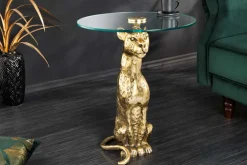 Runder Beistelltisch WILDLIFE PANTHER 60cm gold antik Metall Glas Skulptur handmade