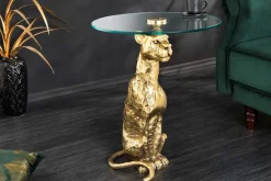 Runder Beistelltisch WILDLIFE PANTHER 60cm gold antik Metall Glas Skulptur handmade