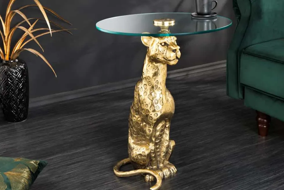 Runder Beistelltisch WILDLIFE PANTHER 60cm gold antik Metall Glas Skulptur handmade