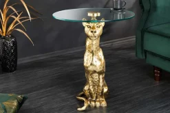 Runder Beistelltisch WILDLIFE PANTHER 60cm gold antik Metall Glas Skulptur handmade