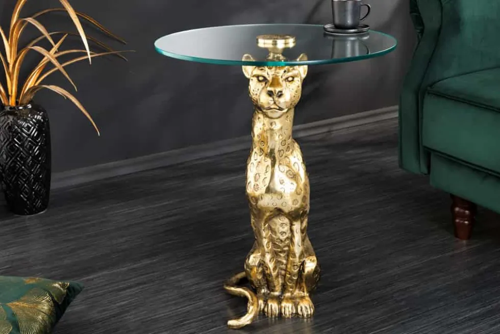 Runder Beistelltisch WILDLIFE PANTHER 60cm gold antik Metall Glas Skulptur handmade