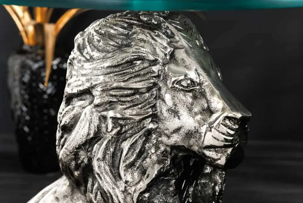 Runder Beistelltisch WILDLIFE LION 60cm silber antik Metall Glas Löwen Skulptur
