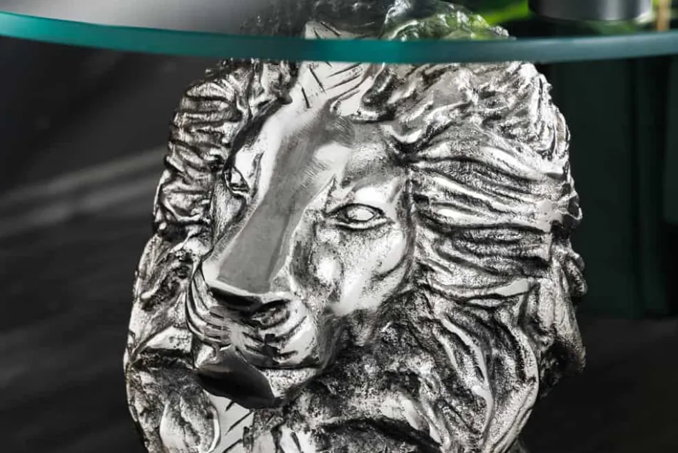 Runder Beistelltisch WILDLIFE LION 60cm silber antik Metall Glas Löwen Skulptur
