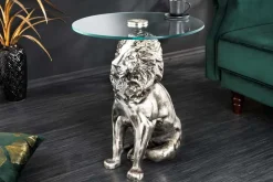 Runder Beistelltisch WILDLIFE LION 60cm silber antik Metall Glas Löwen Skulptur