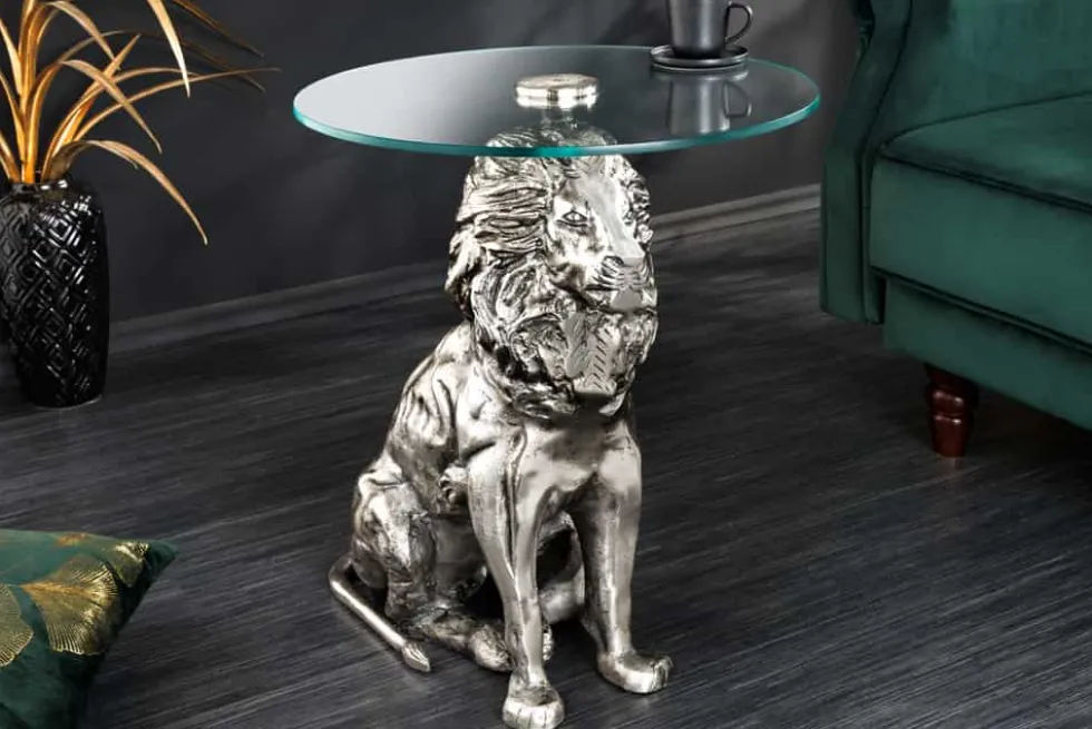 Runder Beistelltisch WILDLIFE LION 60cm silber antik Metall Glas Löwen Skulptur