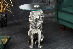 Runder Beistelltisch WILDLIFE LION 60cm silber antik Metall Glas Löwen Skulptur