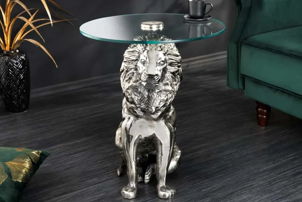 Runder Beistelltisch WILDLIFE LION 60cm silber antik Metall Glas Löwen Skulptur