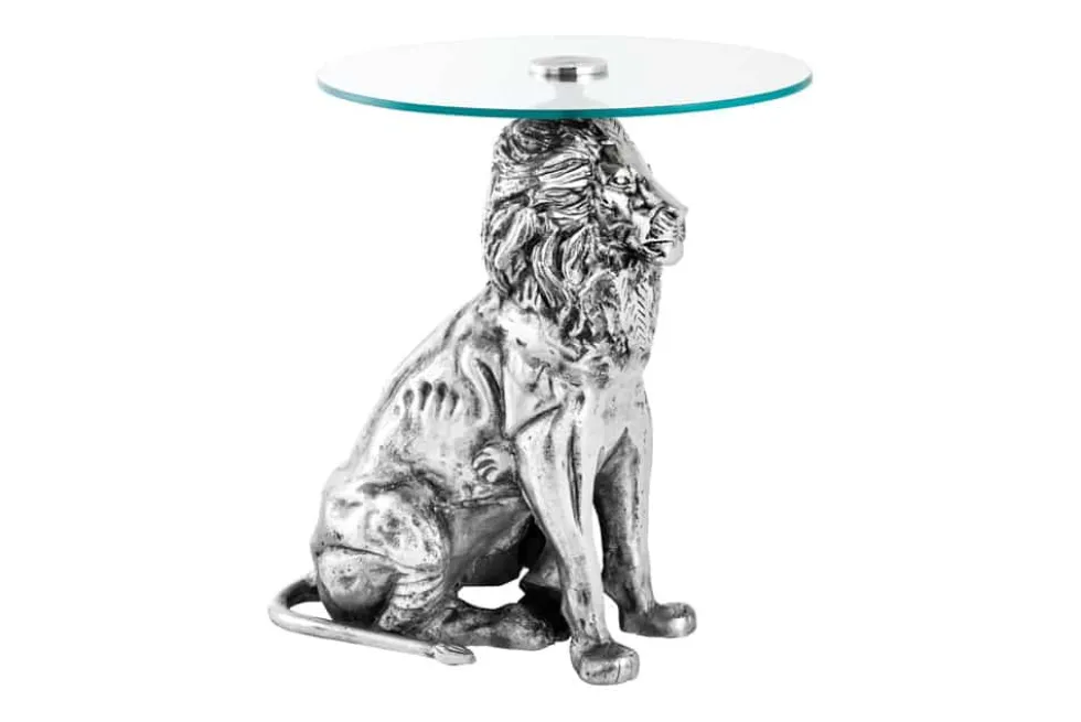 Runder Beistelltisch WILDLIFE LION 60cm silber antik Metall Glas Löwen Skulptur