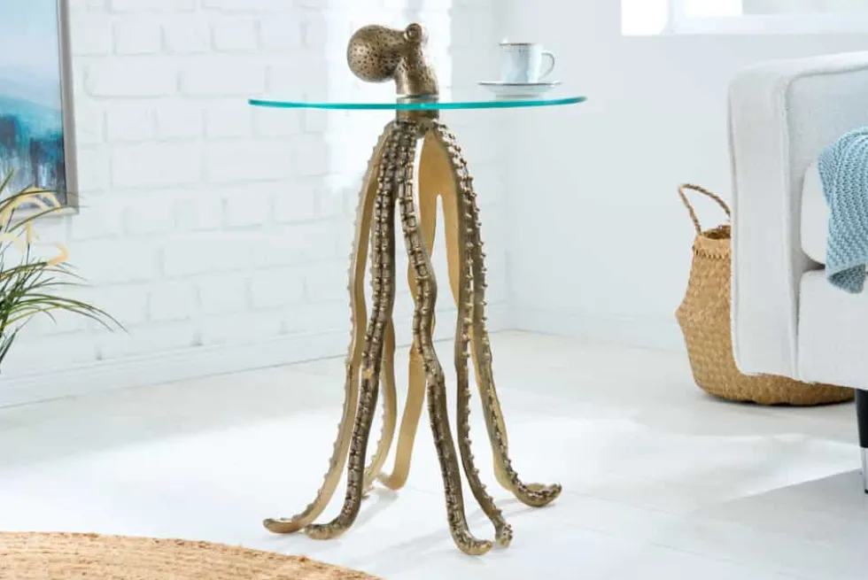 Runder Beistelltisch WILDLIFE OCTOPUS 70cm messing gold Metall Glas Skulptur handmade