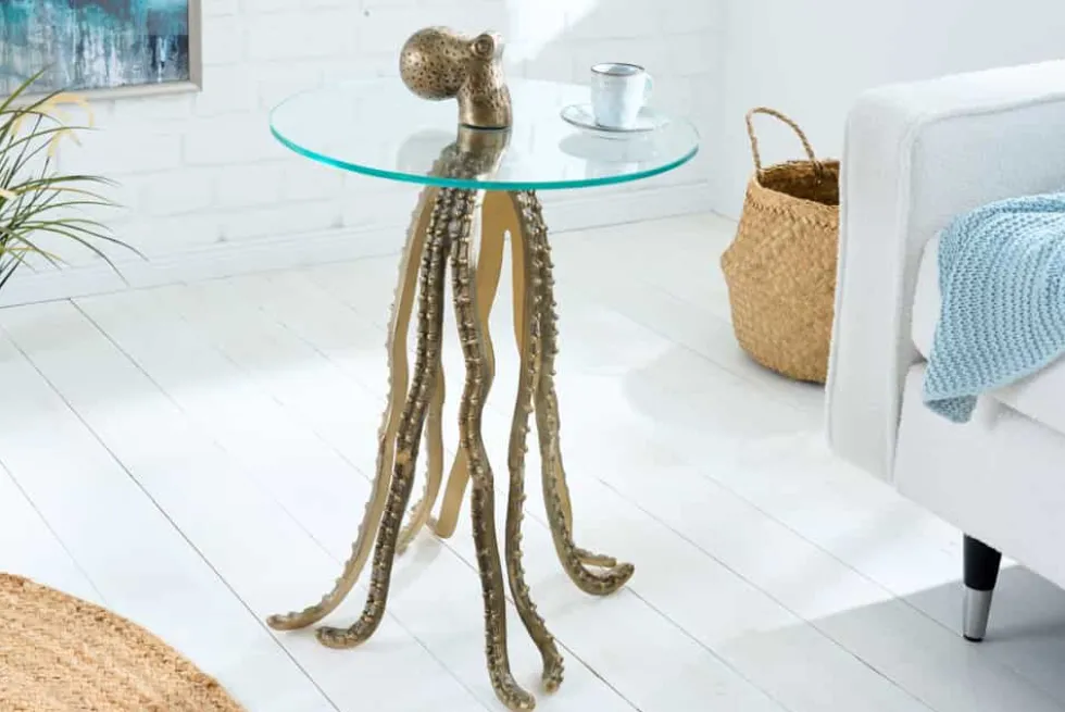 Runder Beistelltisch WILDLIFE OCTOPUS 70cm messing gold Metall Glas Skulptur handmade