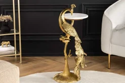 Runder Beistelltisch WILDLIFE PEACOCK 75cm gold antik weiß Metall Marmor Pfauen-Skulptur
