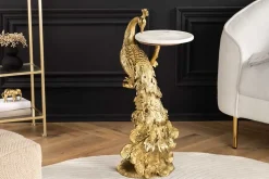 Runder Beistelltisch WILDLIFE PEACOCK 75cm gold antik weiß Metall Marmor Pfauen-Skulptur