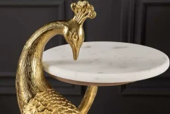 Runder Beistelltisch WILDLIFE PEACOCK 75cm gold antik weiß Metall Marmor Pfauen-Skulptur