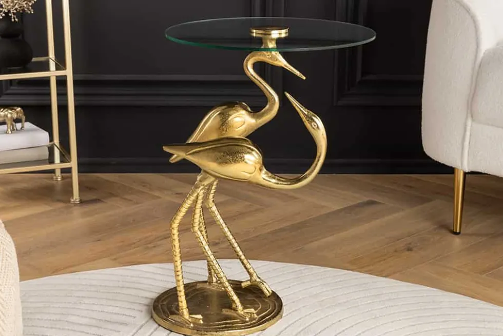 Runder Beistelltisch WILDLIFE CRANE 55cm gold Glas Kranich-Skulptur handmade